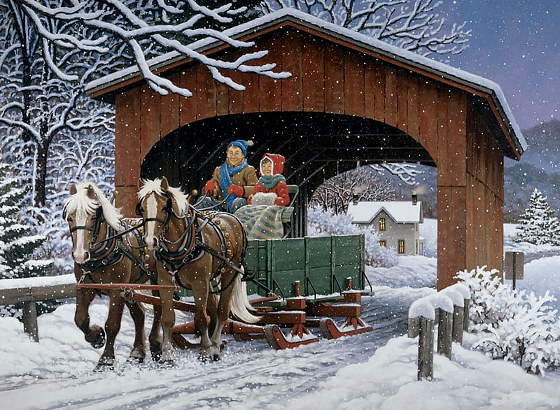 covered bridge, snow, bridges, art, paintings, nature, winter, horses, HD wallpaper
