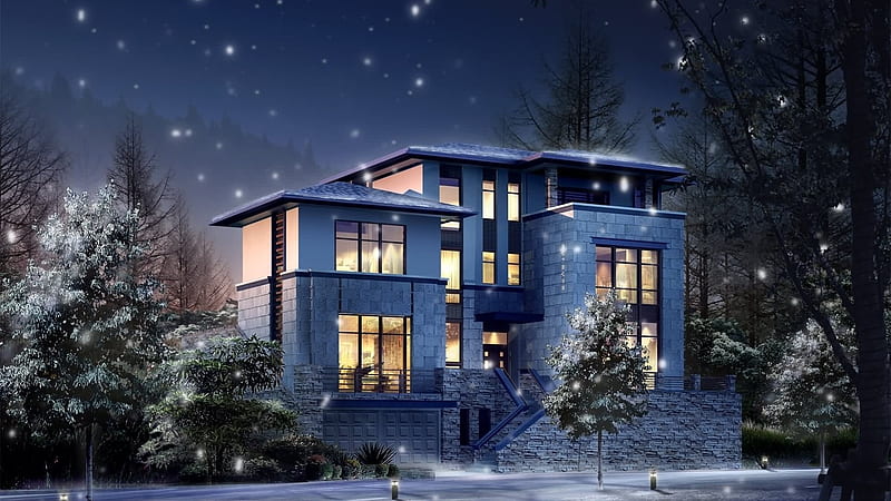 A Cosy Home !, cosy, home, moders, snowy, night, HD wallpaper