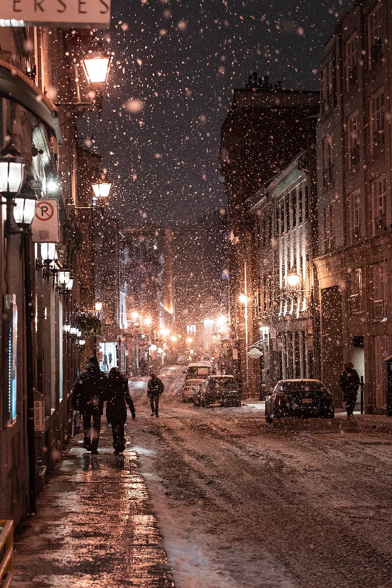 snowfall, people, street, night, evening, city, winter, HD phone wallpaper