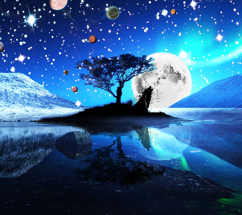 Crisp night sky, planets, water, HD wallpaper