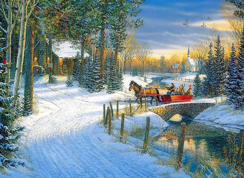 Holiday Sleigh Ride, sleigh, villages, Christmas, family, holidays, love four seasons, attractions in dreams, xmas and new year, winter, paintings, snow, winter holidays, nature, HD wallpaper