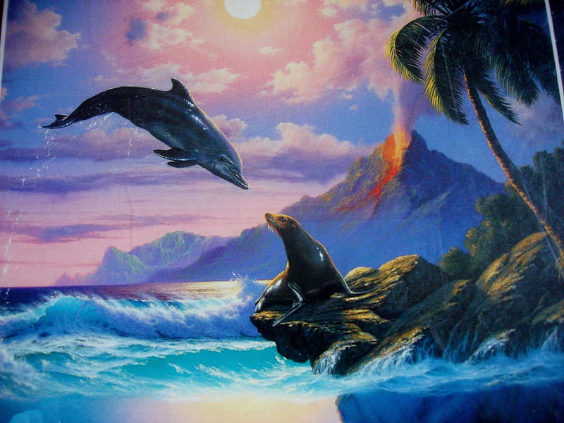Greetings, sea lion, dolphin, painting, palm, waves, volcano, artwork, sea, HD wallpaper