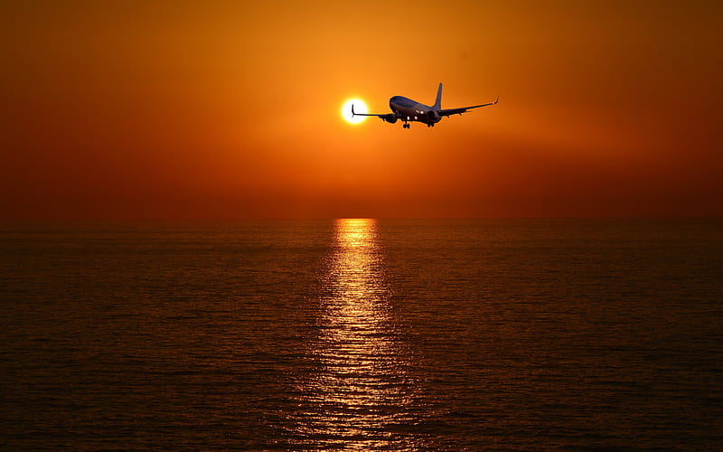 passenger aircraft, sunset, sky, seascape, airliner, passenger air transportation, air travel concepts, HD wallpaper