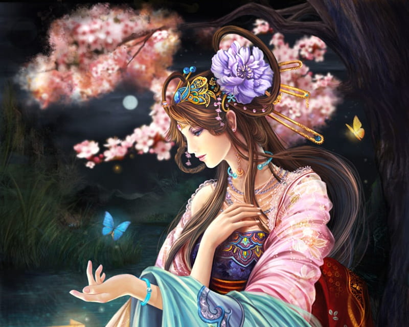 Diao Chan, pretty, orange, cg, yellow, magic, wing, women, sweet, cherry blossom, nice, fantasy, butterfly, anime, flowers, beauty, anime girl, star, sakura, art, wings, lovely, black, sexy, abstract, cute, brow, white, red, glow, fine art, bonito, woman, moon, blossom, green, figure, gris, hot, girls, pink, blue, night, forest, female, colors, butterflies, 3d, girl, flower, colours, HD wallpaper