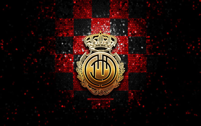 Mallorca FC, glitter logo, La Liga, red black checkered background, soccer, RCD Mallorca, spanish football club, Mallorca logo, mosaic art, football, LaLiga, Spain, HD wallpaper