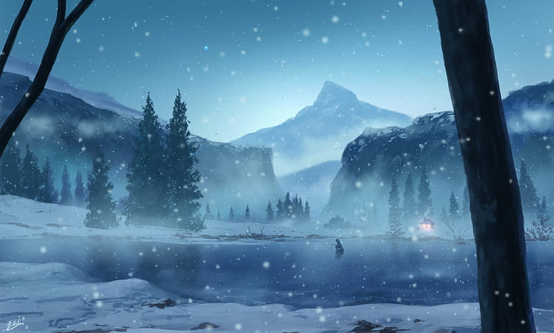 Anime, Original, Sky, Snow, Winter, HD wallpaper