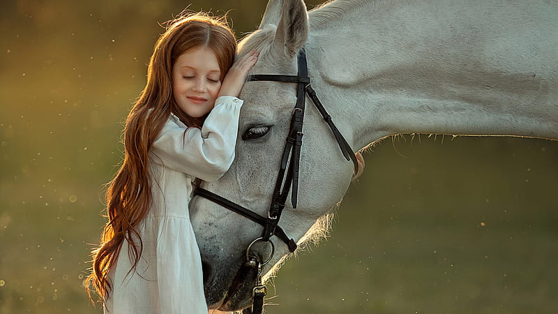 Cute Little Girl With Closed Eyes Is Leaning On White Horse Wearing White Dress In Sunlight Background Cute, HD wallpaper