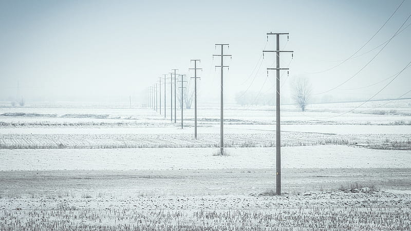 Field Covered With Snow And Power Lines During Winter Nature, HD wallpaper