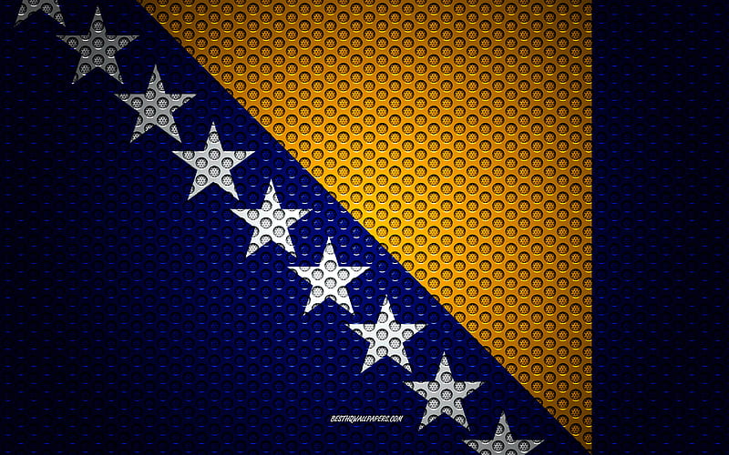 Flag of Bosnia and Herzegovina creative art, metal mesh texture, Bosnia and Herzegovina flag, national symbol, Bosnia and Herzegovina, Europe, flags of European countries, HD wallpaper