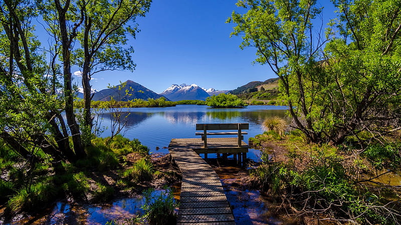 Relax, trees, hills, view, bench, bonito, mountain, lagoon, footpath, New Zealand, walk, boardwalk, reflection, HD wallpaper