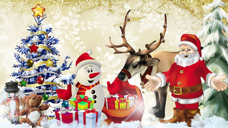 Santa and Friends, wrapped, feliz navidad, nutcracker, christmas, packages, trees, snowman, xmas, santa claus, winter, snow, santa clause, reindeer, teddy bear, gifts, HD wallpaper