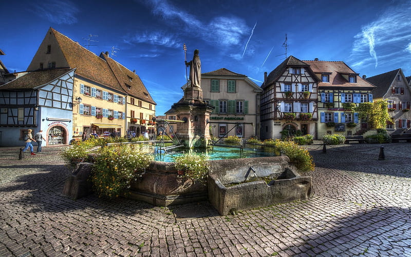 fountain, alsace, old square, france, HD wallpaper