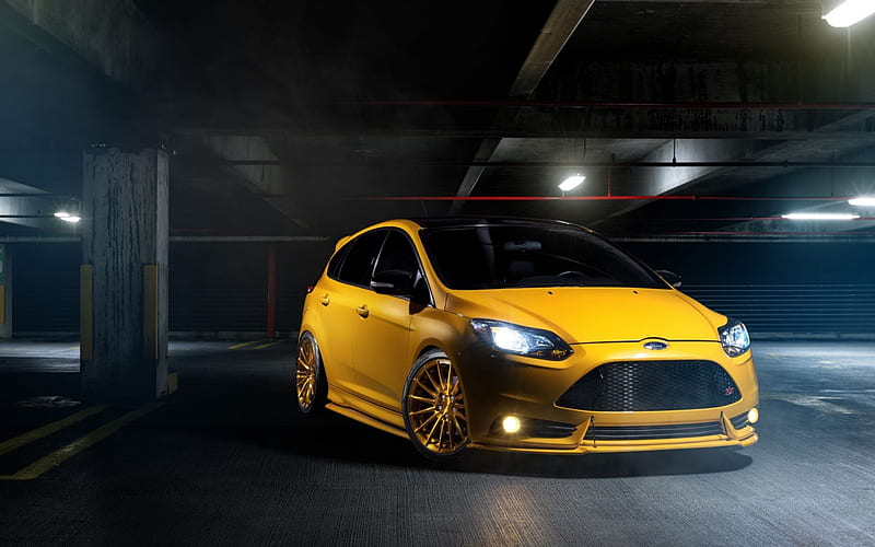 Ford Focus St, 2017, yellow hatchback, tuning focus, garage, Ford, HD wallpaper