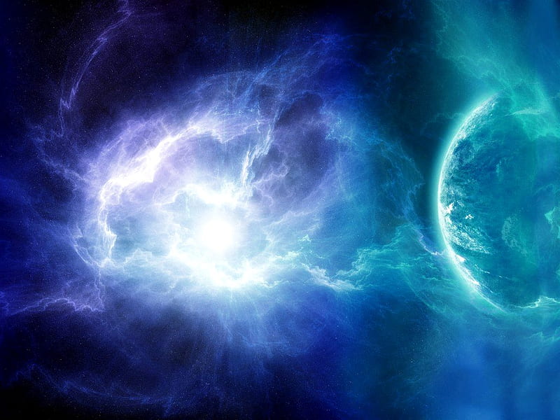 UNIVERSE COSMOS, stars, space, green, nebula, planet, universe, colours, blue, HD wallpaper