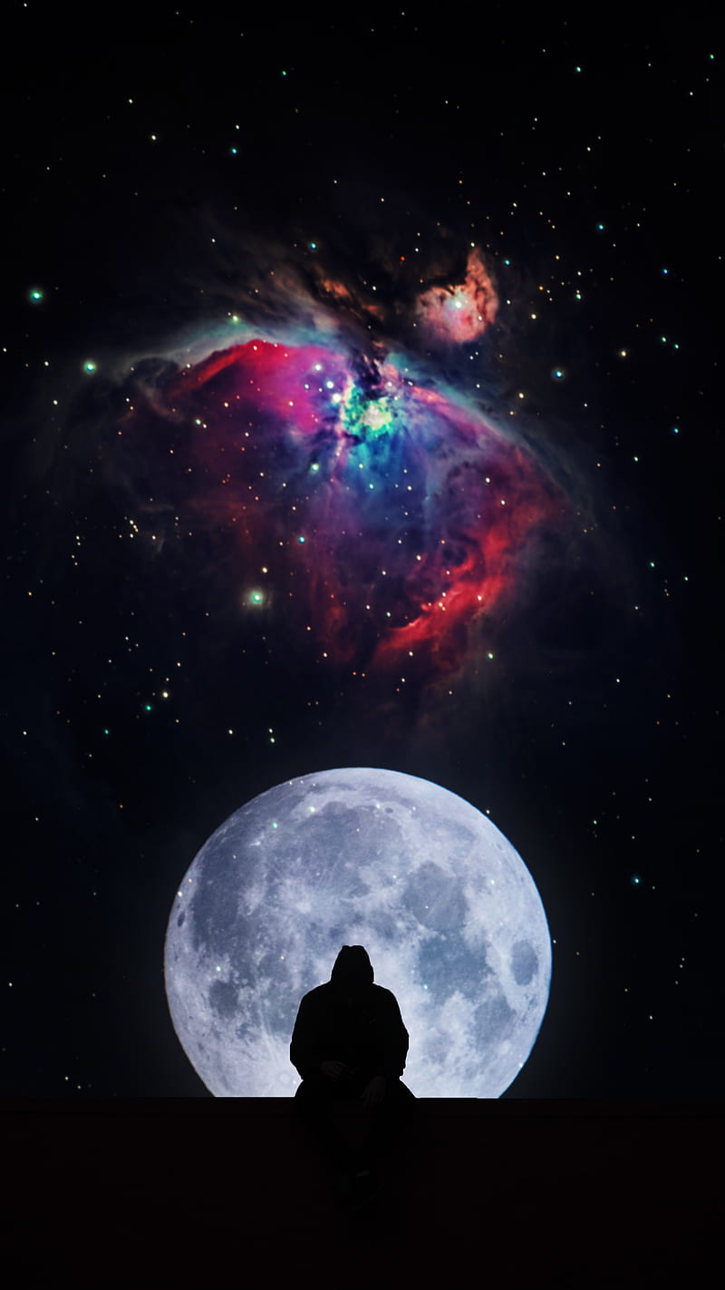 Peace, Space, fullmoon, galaxy, man, silhouette, HD phone wallpaper