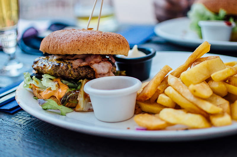 selective focus graphy of burger patty, mayonnaise, and French fries served on platter, HD wallpaper