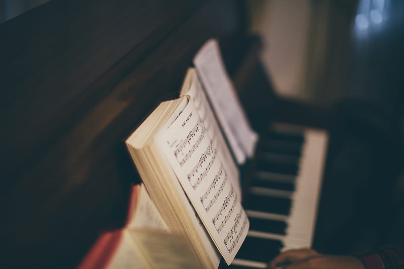 opened music sheet book on top of upright piano, HD wallpaper