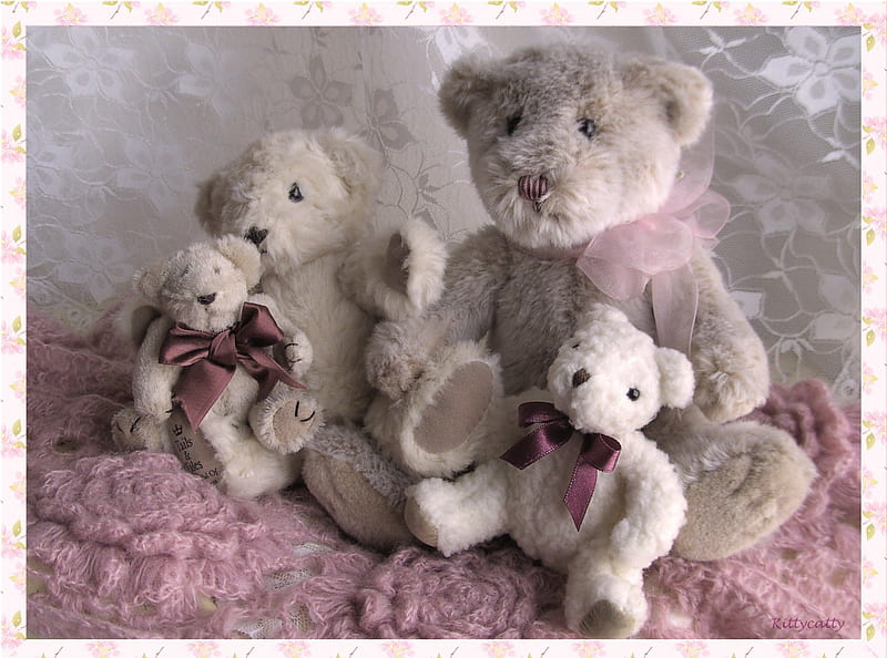 •❥• Vintage Teddy Bears •❥• , Teddy Bears, lace, children, bows, sweet, stuffed, plush, friendship, Vintage, love, lightpink, stuffed bears, toy, soft, smooth colors, cuddly, childhood, HD wallpaper