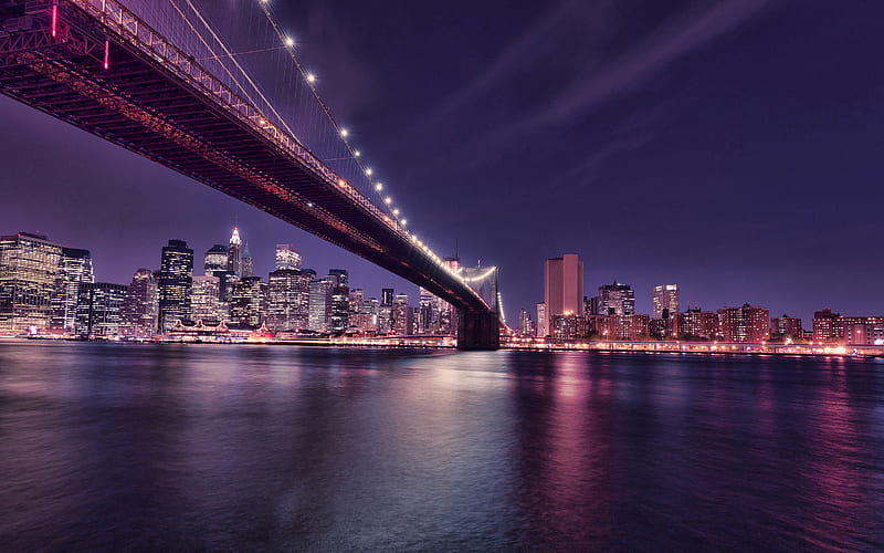 New York, Brooklyn bridge, evening, sunset, east river, suspension bridge, New York cityscape, New York skyline, NYC, Manhattan, USA, HD wallpaper