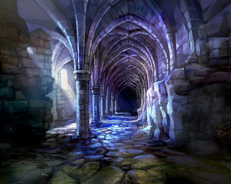 Gothic scene, Painting, Stones, Hallway, Gothic arches, HD wallpaper