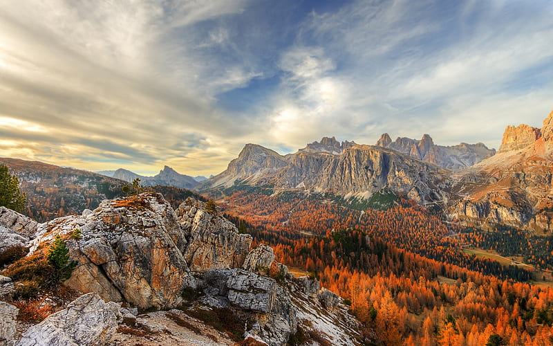 Cinque Torri, autumn, mountain landscape, forest, Dolomites, Italy, Nuvolao group, San Vito di Cadore, HD wallpaper