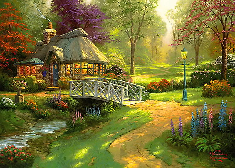 Friendship cottage, walkway, inviting, bridge, cottage, flowers, creek, trees, bushes, HD wallpaper
