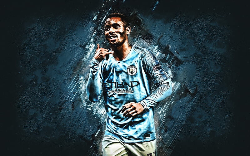 Gabriel Jesus, portrait, Brazilian soccer player, striker, Manchester City FC, Premier League, blue stone background, HD wallpaper