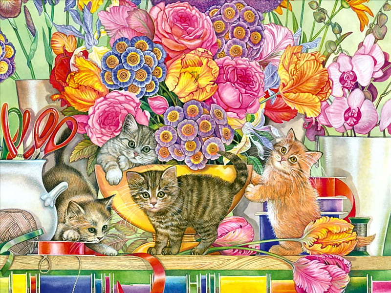 Flower Shop Kittens F1, shop, art, roses, cat, artwork, animal, pet, feline, painting, wide screen, flowers, kittnes, HD wallpaper