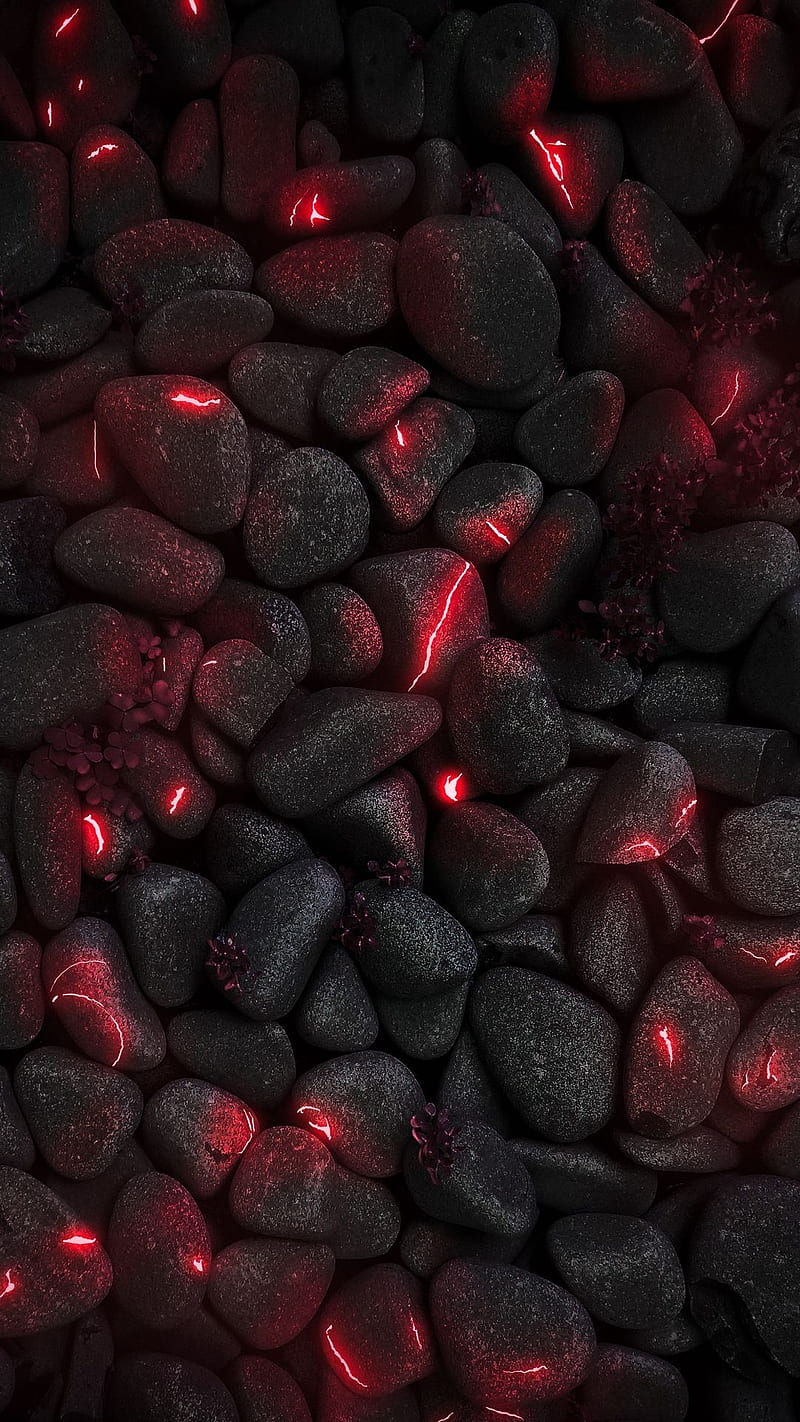 Black stones, pebbles, , glossy, rednred neon, HD phone wallpaper