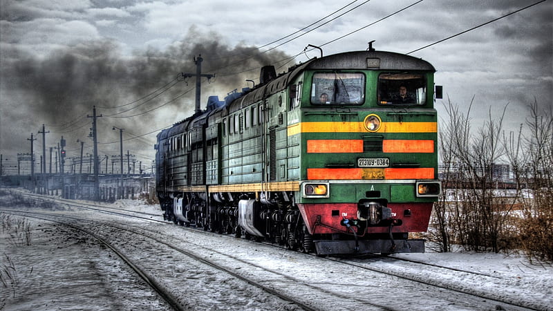 russian diesel train in winter r, train, smoke, tracks, winter, HD wallpaper
