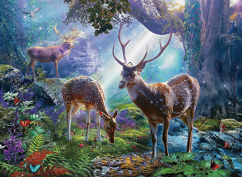 Happy Buck, deer, buck, doe, puzle, wildflife, colors, jigsaw, HD wallpaper