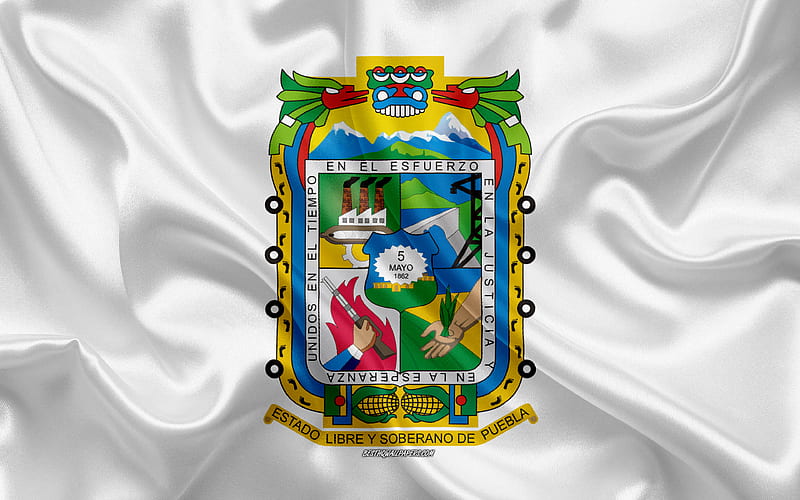 Flag of Puebla silk flag, Mexican state, Puebla flag, coat of arms, silk texture, Puebla, Mexico, HD wallpaper