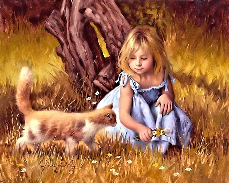 Little Girl and her Cat, Girl, pretty, Art, Cat, HD wallpaper