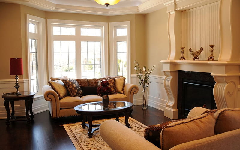Living Room, fireplace, lamp, flowers, vase, room, coffee table, sofa, HD wallpaper