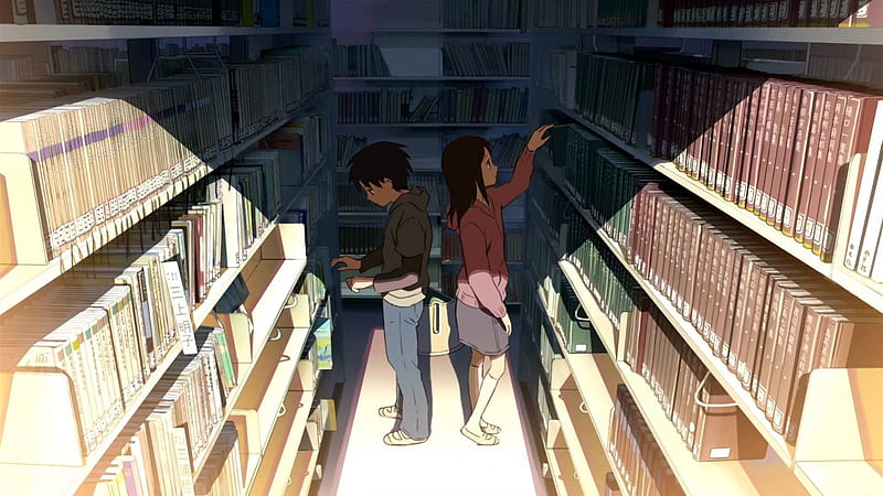 Anime Library, 5 centimeters per second, takaki, makoto shinkai, shinohara, akari, akari shinohara, takaki tono, tono, library, anime, anime girl, HD wallpaper