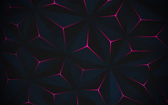 black texture with purple neon lines, black abstract background, purple neon lines, 3d black background, 3d polygons texture, HD wallpaper