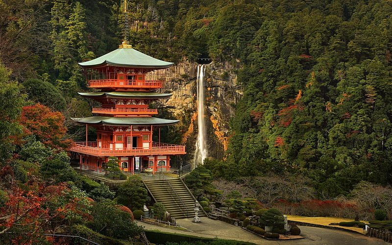 autumn, nature in japan, wodospad, japan, skelia, river, japanese temple, waterfall, rock, HD wallpaper