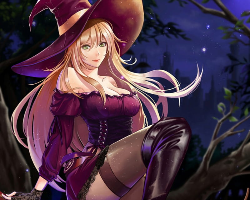 Witch, blond, cg, anime, hot, anime girl, realistic, long hair, gorgeous, female, blonde, blonde hair, sexy, blond hair, hat, girl, lady, maiden, HD wallpaper