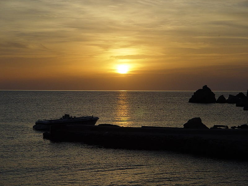 Maltese sunset, rocks, sun, golden, ocean, yellow, bonito, sunset ...