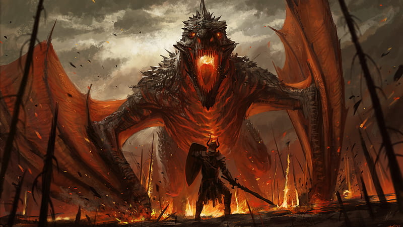 Fantasy Dragon Is Breathing Fire On Soldier Dreamy, HD wallpaper