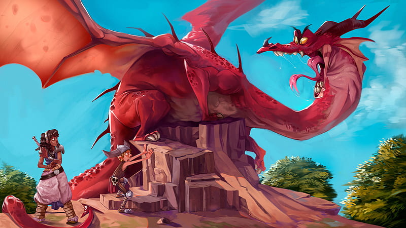 Fantasy Dragon Is Sitting On Tree Trunk Near Girl And Boy Dreamy, HD wallpaper