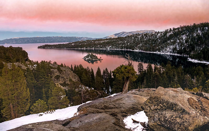 Emerald Bay, Lake Tahoe, snow, california, usa, colors, sunset, trees, sky, winter, HD wallpaper
