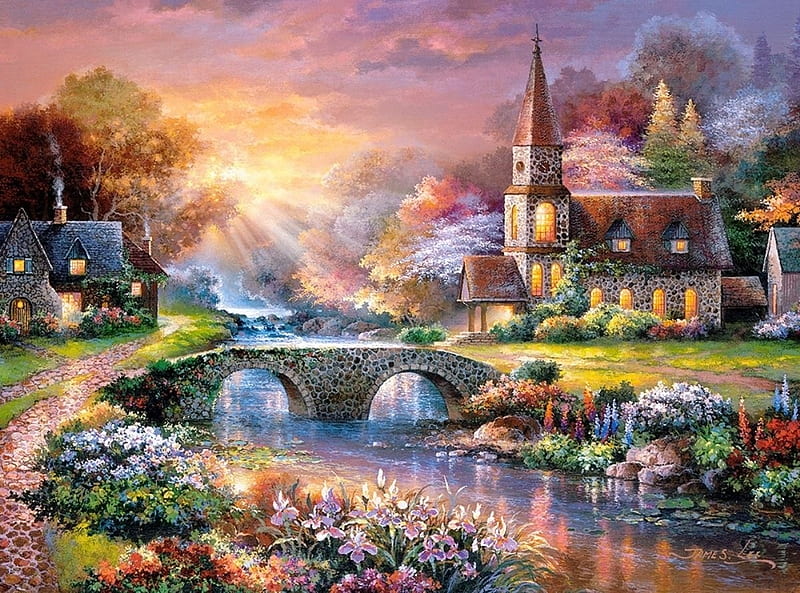 Peaceful reflections, art, water, bridge, painting, james lee, church, pictura, HD wallpaper