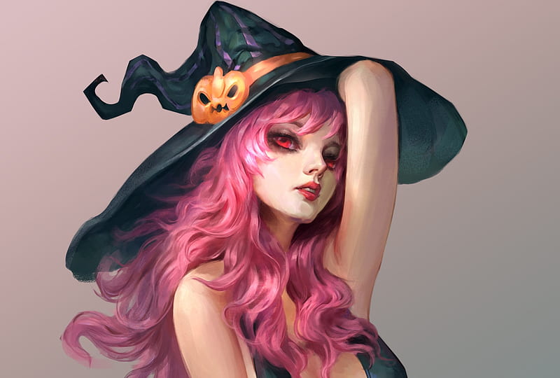 Witch, art, luminos, halloween, hat, fantasy, girl, shuai tong, pink, HD wallpaper