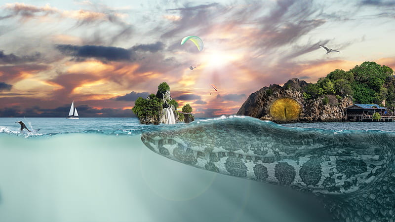 Sea Island Fantasy, crocodile, sea, island, fantasy, HD wallpaper