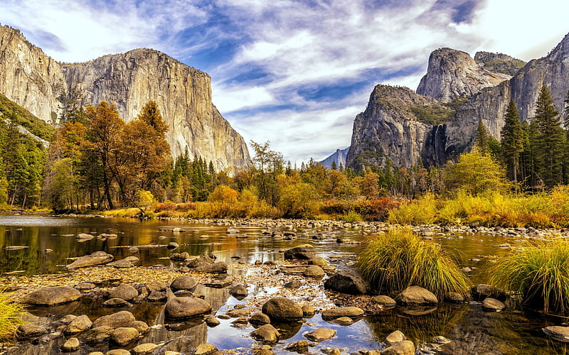 USA, Yosemite Valley, Merced River, autumn, american landmarks, mountains, Yosemite National Park, Sierra Nevada, America, HD wallpaper