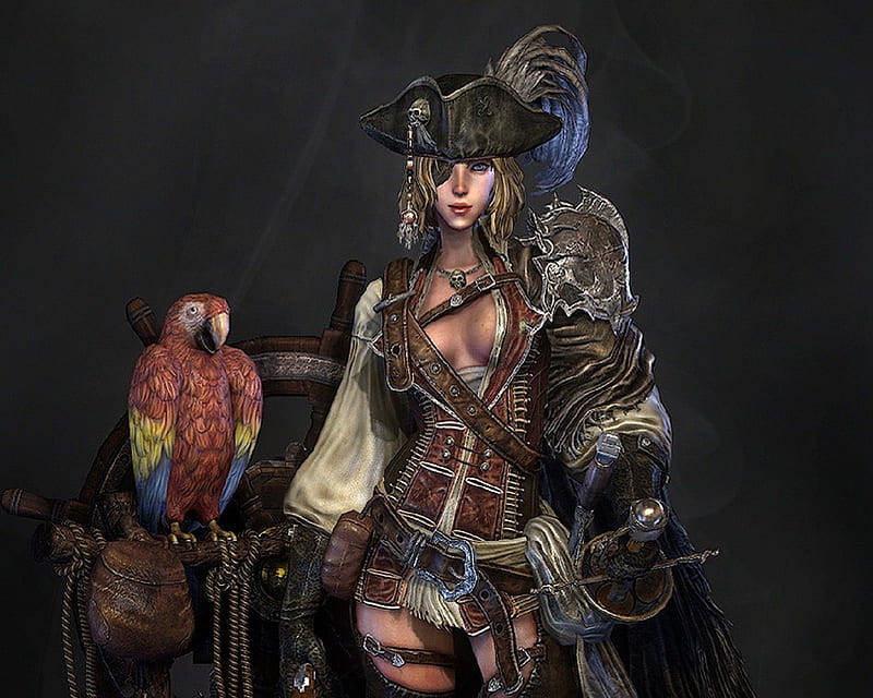 Pirate Captain, Woman, Pirate, Treasure chest, Parrot, HD wallpaper