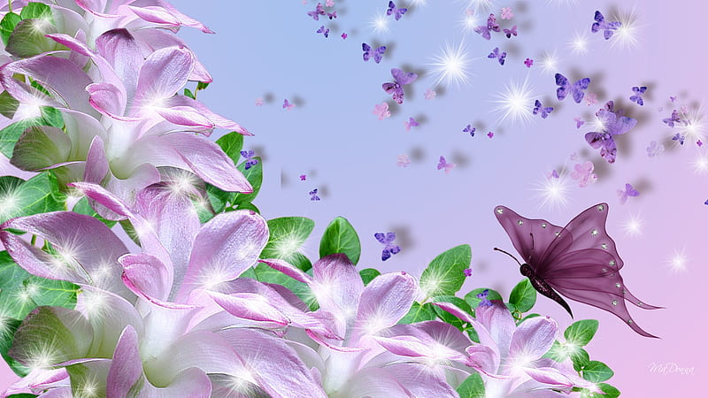 Lily Lavender, butterfly, summer, lily, lilies, scatter, spring, lavender, butterflies, HD wallpaper