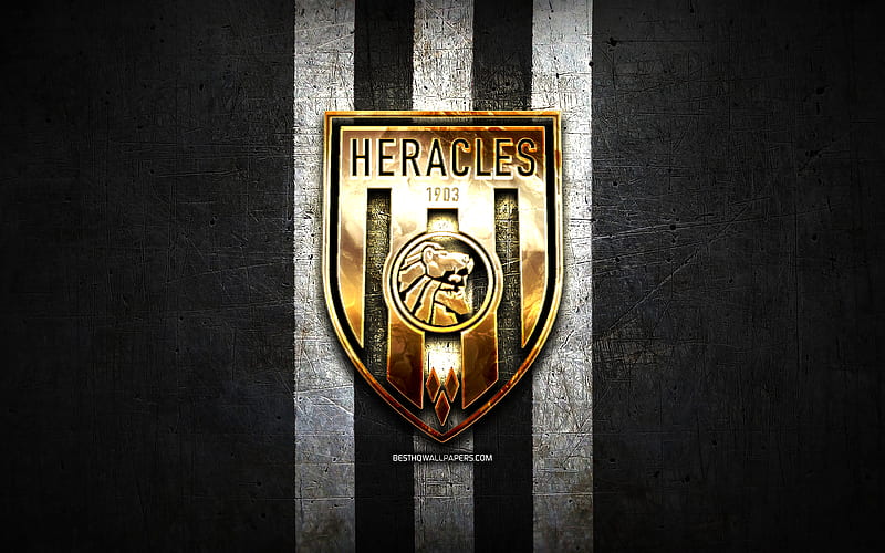 Heracles FC, golden logo, Eredivisie, black metal background, football, Heracles Almelo, Dutch football club, Heracles logo, soccer, Netherlands, HD wallpaper