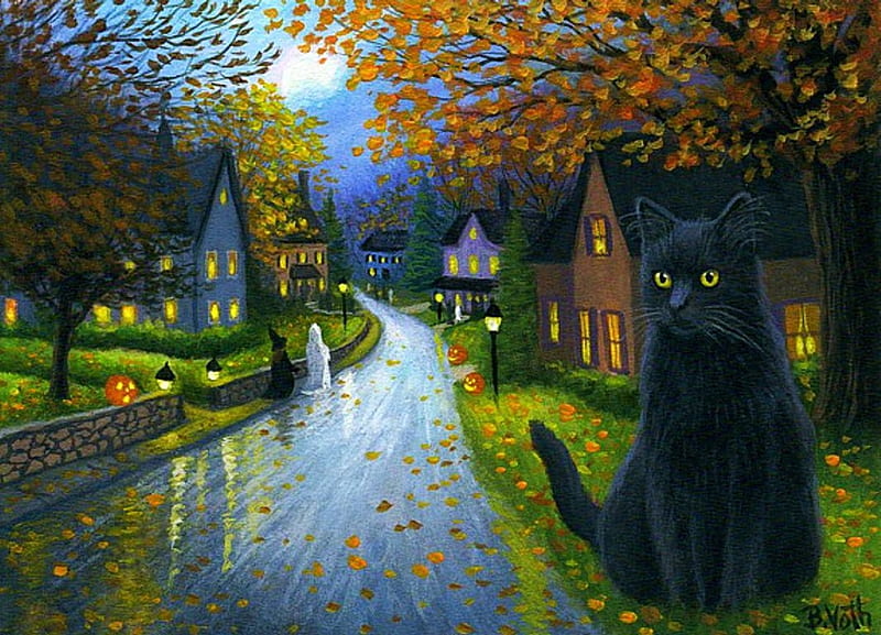 Halloween on Hilda's Street, witch, moon, ghost, houses, cat, trees, artwork, night, HD wallpaper